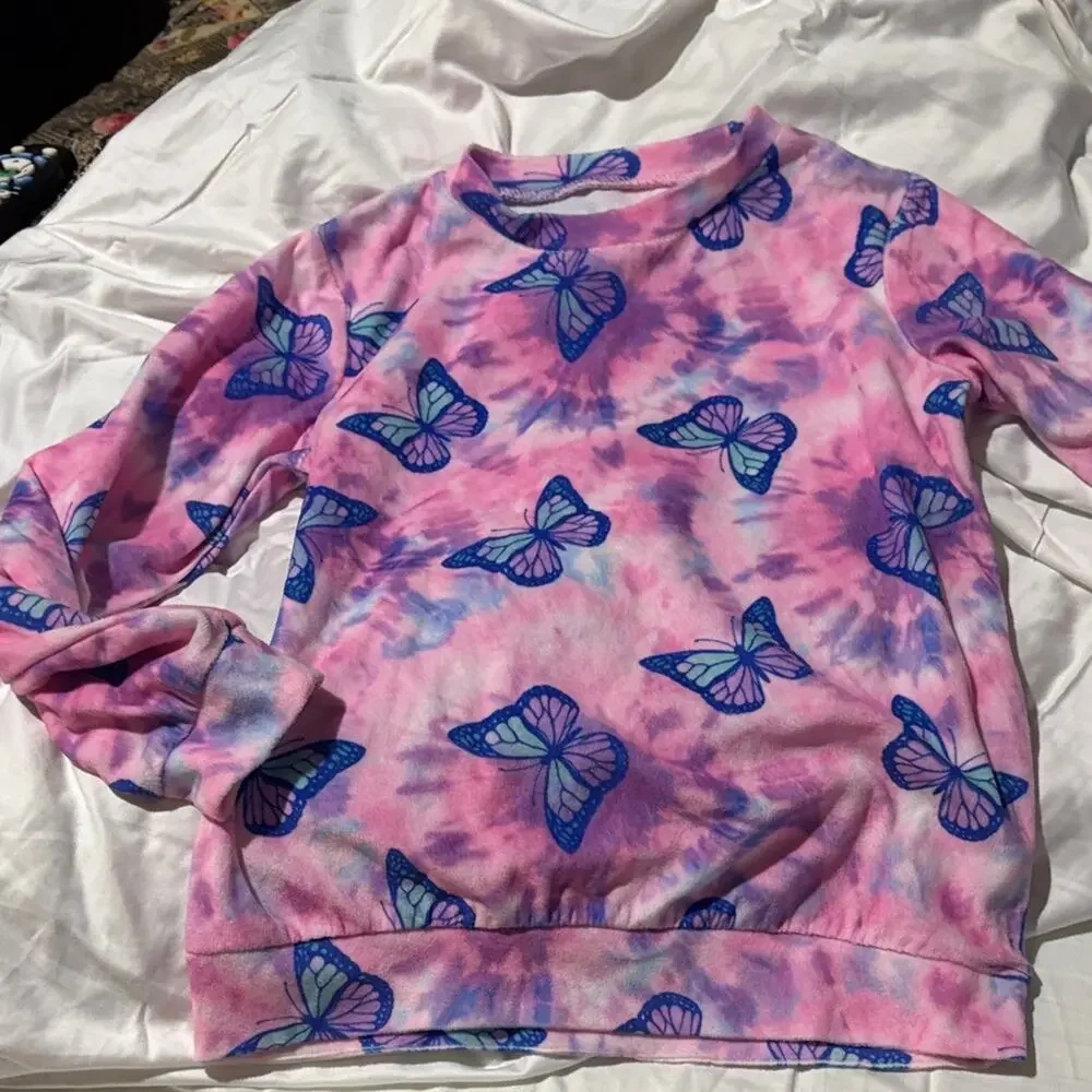 Saint Eve M 7/8 Pink and Blue Butterfly Print lounge Set pajamas sleepwear euc